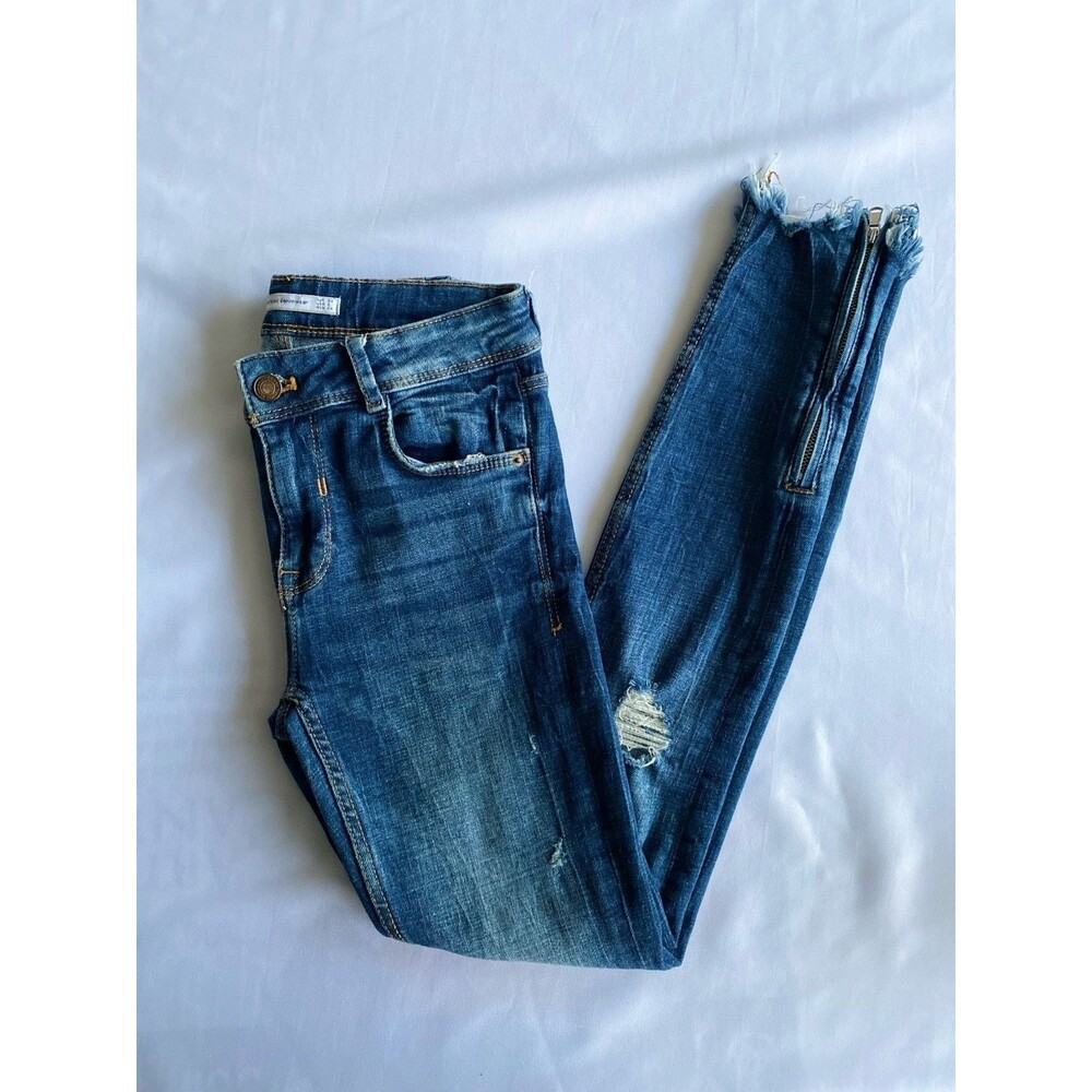 Zara Trafaluc Distressed Skinny Jeans Womens Size 2 Blue Denim Ankle Zip